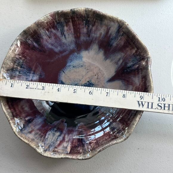 Art Studio Pottery Signed Trinket Dish Bowl Purple Blue Glazed Ruffled Edge - Picture 8 of 12